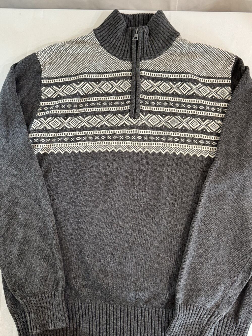 Vintage Weatherproof Sweater M Gray Fair Isle Cotton 1/4 Zip Pullover Mock Neck